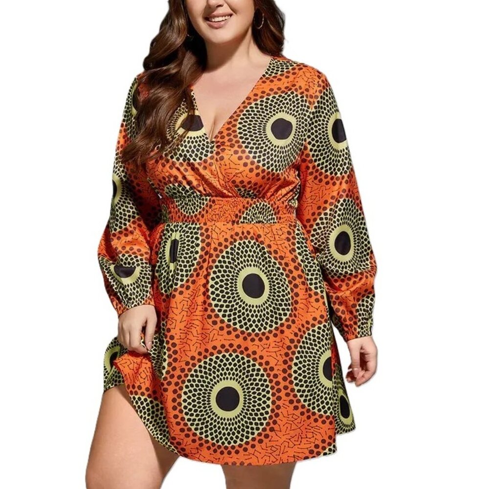 Curvesoul Orange Black Yellow Geometric V Neck Elastic Waist Dress Size 5X NWT - Picture 5 of 14